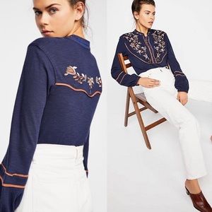 Free People Navy Sundance Kid Western Henley Top